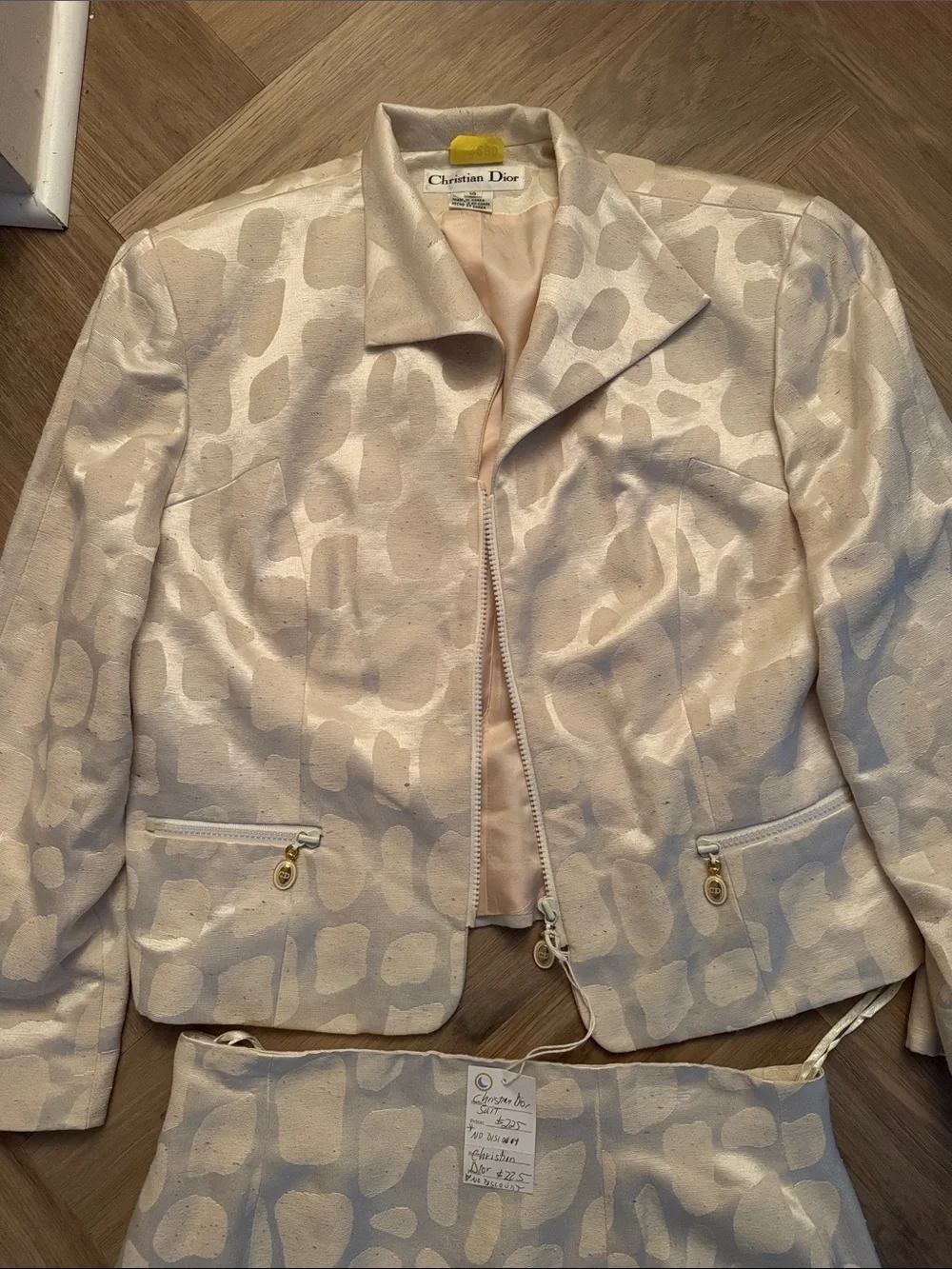 VINTAGE CHRISTIAN DIOR Cream and Beige Patterned Zip-Front Jacket + Skirt Set